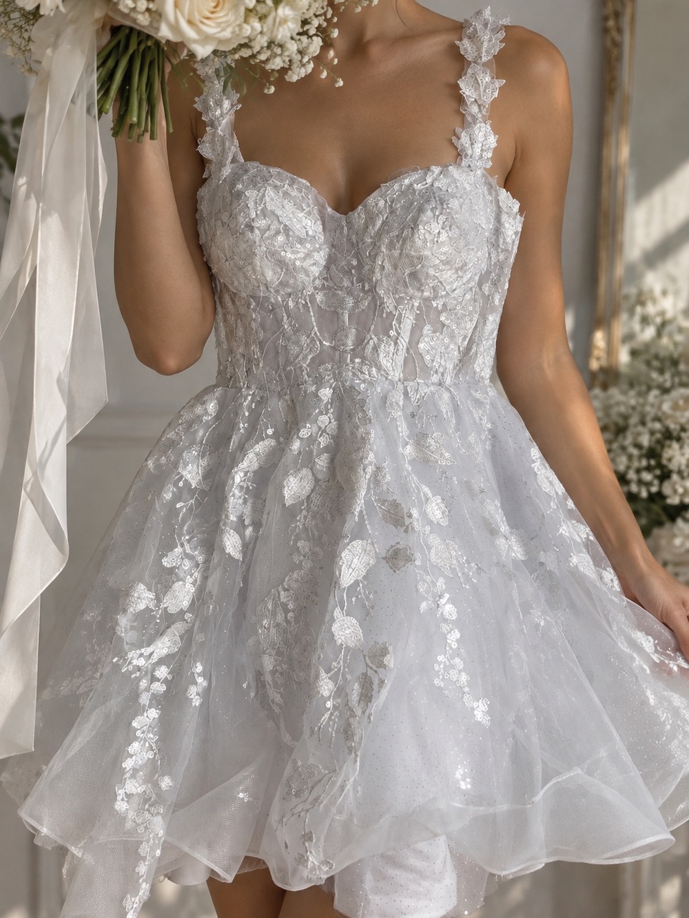 White Floral Lace Corset Bridal Mini Wedding Reception Dress